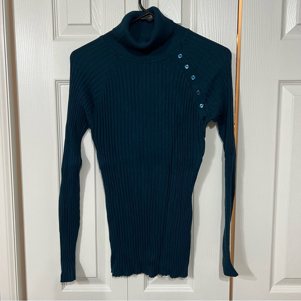 Teal Ribbed Turtleneck Sweater Fitted Rayon poly blend Wm L lightweight layer